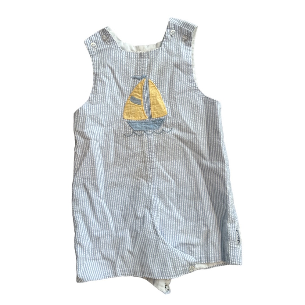 Sailboat Seersucker shortall 24M EUC